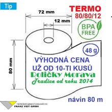 Termo kotouček 80/80/12 BPA 80 m (80mm x 80m) Cena od 55 ks včetně dopravy a dobírky Množství: 45 ks kotoučků v kartonu