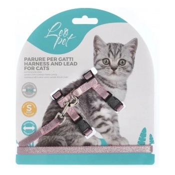 LEOPET Нагръдник за котка, розов с брокат, светлоотразителен - обиколка врат 15-25 см, обиколка на гърдите: 20-35, шрина 10 мм, дължина на повода 125 см - 1 бр, leopet Италия, 76144/cgc201