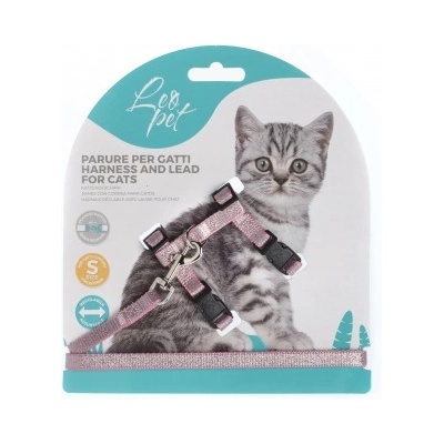 LEOPET Нагръдник за котка, розов с брокат, светлоотразителен - обиколка врат 15-25 см, обиколка на гърдите: 20-35, шрина 10 мм, дължина на повода 125 см - 1 бр, leopet Италия, 76144/cgc201