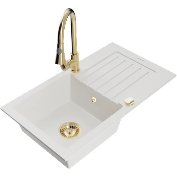 Mexen Pablo гранитна мивка с 1 отделение и дренаж и кухненски смесител Elia, бял - 6510-20-670101-50 (6510-20-670101-50)