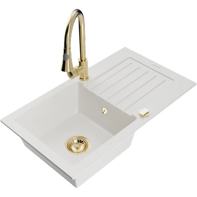 Mexen Pablo гранитна мивка с 1 отделение и дренаж и кухненски смесител Elia, бял - 6510-20-670101-50 (6510-20-670101-50)