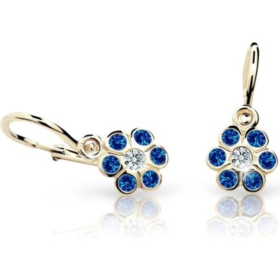 Danfil dětské náušnice kytičky C1737 ze žlutého zlata s kamínky Dark Blue zapínání brizura