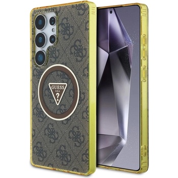 GUESS 4G Glitter Triangle Buttons MagSafe Case за Samsung Galaxy S25 Ultra Brown