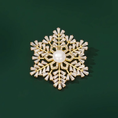 Éternelle brož s perlou a zirkony Sněhová vločka B7324-XR09097 Zlatá Bílá