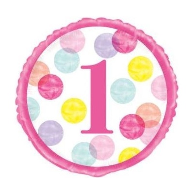 Balón foliový 1. narozeniny růžový s puntíky 45 cm