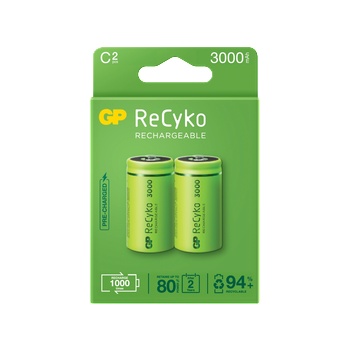 GP Batteries Акумулаторни батерии GP ReCyko C 3000mAh (R14), 1.2V, рециклируеми опаковки 2бр (GPRHC30CB025)