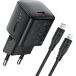 ACEFAST Захранване за ел. мрежа с USB-C изход с технология за бързо зареждане и USB-C към Lightning кабел - Acefast A118 GaN Fast Wall Charger 30W (черен) (A118C-L)