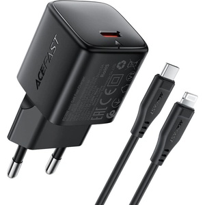 ACEFAST Захранване за ел. мрежа с USB-C изход с технология за бързо зареждане и USB-C към Lightning кабел - Acefast A118 GaN Fast Wall Charger 30W (черен) (A118C-L)