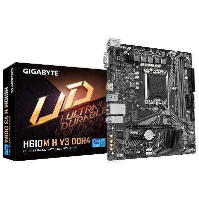 Дънна платка Gigabyte H610M H V3, H610, LGA1700, DDR4, PCI-E 4.0 (HDMI&VGA), 1x M. 2, 4x SATA 6Gb/s, 2x USB 3.2 Gen 1 Type-A, Micro ATX (H610M H V3 (rev. 1.0))