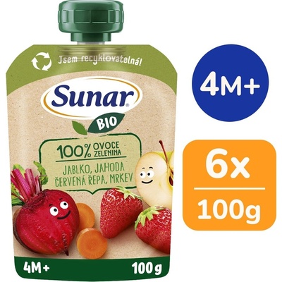 Sunar BIO Jablko jahoda červená repa 6 x 100 g
