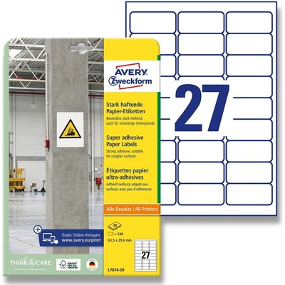 Avery Zweckform L7874-20 etikety s vysokou lepivostí 63,5 x 29,6 mm 540 etiket bílé