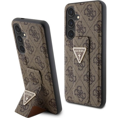 GUESS PU 4G Strass Grip Stand Triangle Metal Logo Case - дизайнерски кожен кейс с отделение за карти за Samsung Galaxy S24 (кафяв)
