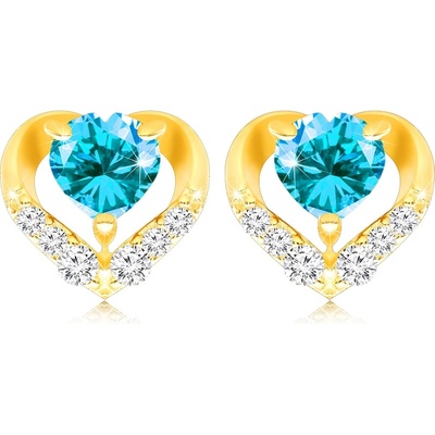 Šperky Eshop Zlaté náušnice 14K ve tvaru obrysu srdce s modrým topazem a zirkony S3GG89.22
