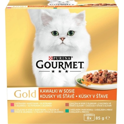 Gourmet Gold kačica s olivami teľacim so zeleninou pstruh so zeleninou králik s mrkvou v šťave 8 x 85 g