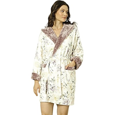 Дамски пухкав халат в бяло и лилаво с рози
