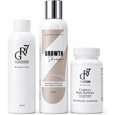 GR-7 Kompletní kúra proti šedinám: Tonikum GR-7 + vitamíny na vlasy HAIR SUPPORT + výživný šampon Growth