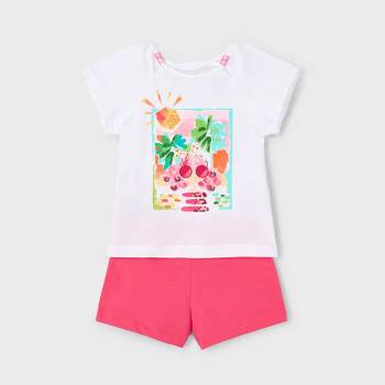 Mayoral Комплект шорти в розов цвят и бяла тениска с апликация за мини момиче Майорал