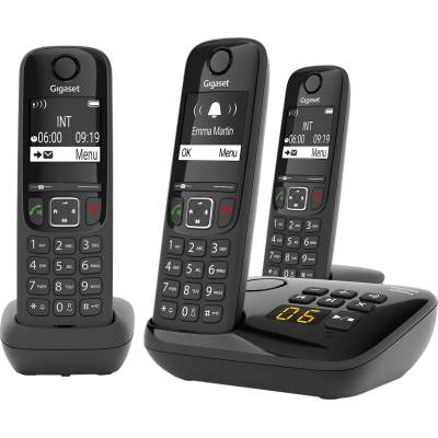 Gigaset AS690A Trio - 3 cordless DECT telephones with answering machine - high-contrast display - adjustable sound profiles - hands-free function - call protection, black [German version]