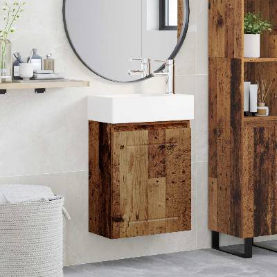 vidaXL Мивка за баня със смесител Старо дърво 45, 5 x 25, 5 x 84 см (889499)
