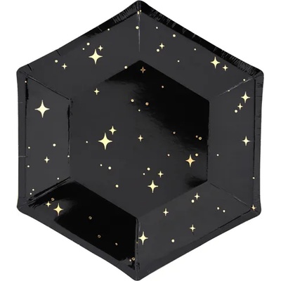 PartyDeco Чинии - черни със златни звезди 20 см 6 бр