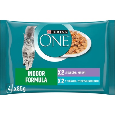 Purina ONE Indoor tuniak telecí ve šťávě 4 x 85 g