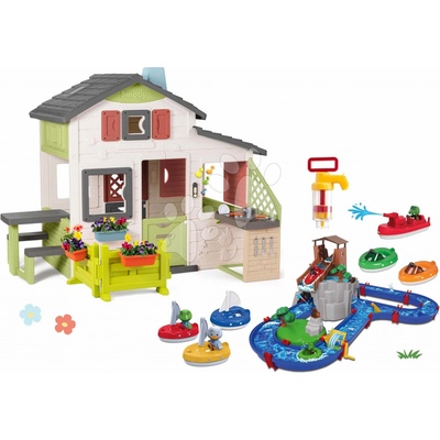 Smoby Set domček Priateľov a vodná dráha s vodopádom Friends House Life rozšíriteľný s pumpou loďkami a kuchynka so záhradkou