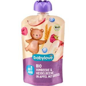 babylove Био плодово пюре ябълка, малина и боровинка с грис, 1+г, 100 g (1715247)