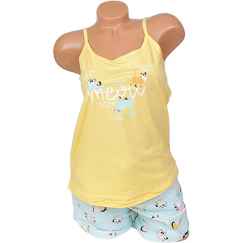 Image 1 of Дамска лятна пижама в жълто и синьо с котки