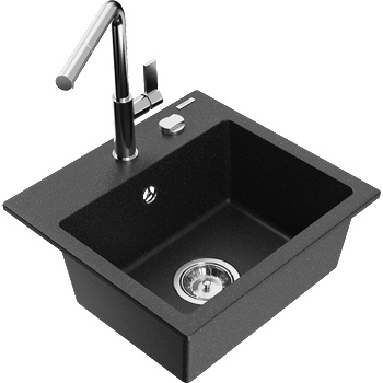Mexen Milo гранитна мивка с 1 отделение с кухненски смесител Flora, черно/сребрист металик - 6505-73-670401-00 (6505-73-670401-00)