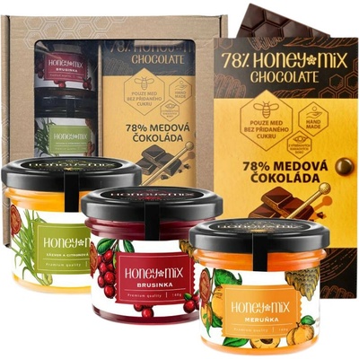 HoneyMix Dárková sada medů s čokoládou, Meruňka, Zázvor a citronová tráva, Brusinka, 3x140 g + medová čokoláda, 60 g