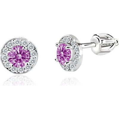 Duppi dievčenské náušnice okrúhle DU 32039 z bieleho zlata s kamienkami uprostred fialovými okolo bielymi zapínánie balónik