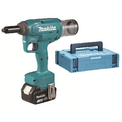 Bezuhlíkové aku nýtovací kleště - aku nýtovačka Makita DRV150RFJ - 2x aku 18V/3.0Ah, 25mm, 10.000N, 2.2kg, kufr