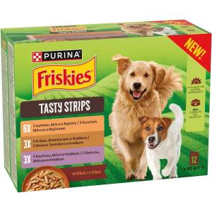 Friskies Tasty Strips паучове за кучета с пилешко, пуешко и патешко в сос 12 x 85 г