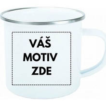 AveTech Smaltovaný plechový bílý hrnek se stříbrným lemem bez nálepky 360 ml