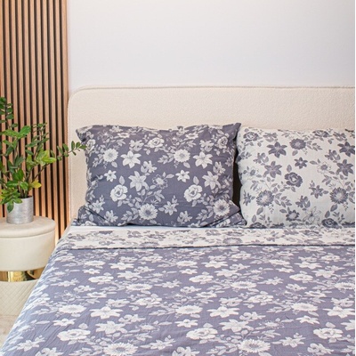 Takoy Prostěradlo na postel 250x250 tkaný mušelín luxury květiny šedomodré-HT-00891 | 250x250 cm prostěradlo na postel