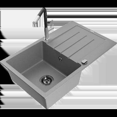 Bruno гранитна мивка с 1 корито с отцедник и кухненски смесител Flora, сив - 6513-71-670401-07-B (6513-71-670401-07-B)