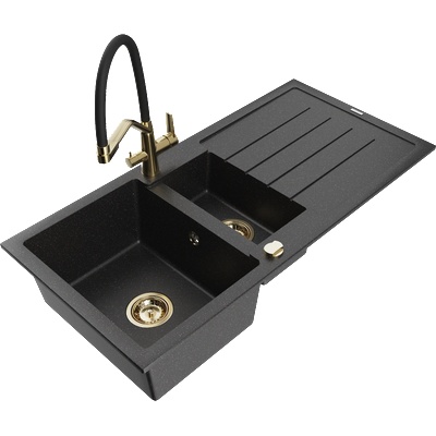 Mexen Andres гранитна мивка 1, 5 камери с отцедник и кухненски смесител Duo, черно/сребърно - 6515-73-671701-57-G (6515-73-671701-57-G)