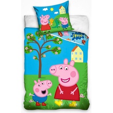 Carbotex povlečení PRASÁTKO PEPINA PEPPA NA ZAHRADĚ zeleno-modré bavlna hladká 140x200 70x90