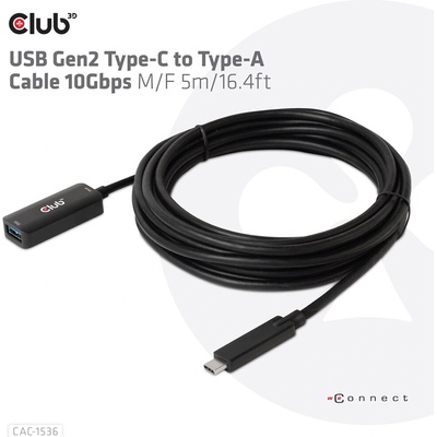 Club 3D CLUB3D кабел, USB-C, Gen2 към USB-A, 10Gbps, M/F, 5m (CAC-1536)