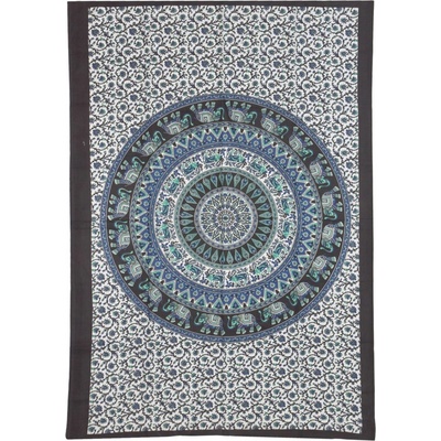 Sanu Babu přehoz na postel s tiskem modro-černý sloni a jeleni mandala 130 x 210 cm