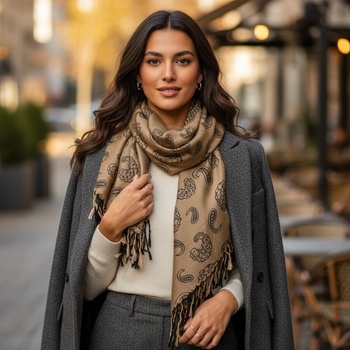 Дамски квадратен шал в кафяво с две лица