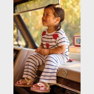 Mayoral Комплект панталон и тениска трикотаж Мръсно бял с тъмно сини ивици за бебе момиче Mayoral