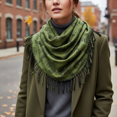 Дамски квадратен шал в зелено с две лица