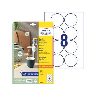 Etikety univerzálne kruhové 69mm Avery A4 10 hárkov