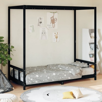 vidaXL Рамка за детско легло, черна, 90x200 см, масивно борово дърво (834524)