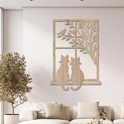 dřevo života Dřevěná dekorace Kočky v okně Zvolte rozměr šxv (cm): 28x40, Zvolte barvu dekoru: Dub Sonoma