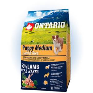 ONTARIO Puppy Medium Lamb & Rice - пълноценна храна за подрастващи кученца от средни породи (1-12 месеца) с агне и ориз 2, 25 кг, Чехия 214-10295