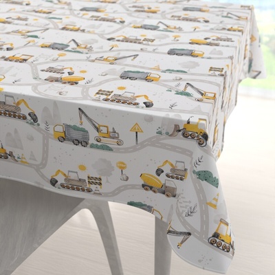 Biante Dětský bavlna čtvercový ubrus Sandra SA-756 Žluto-zelená auta a bagry na bílém 150x150 cm