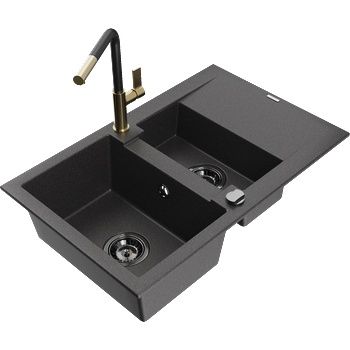 Mexen Gaspar гранитна мивка с 1, 5 камери и отцедник и кухненски смесител Flora, черен на петна - 6507-76-670401-57-B (6507-76-670401-57-B)