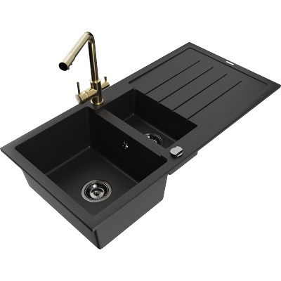 Mexen Andres гранитна мивка с 1, 5 камери с отцеждаща плоча и кухня батерия Duero, черна - 6515-77-671600-50-B (6515-77-671600-50-B)